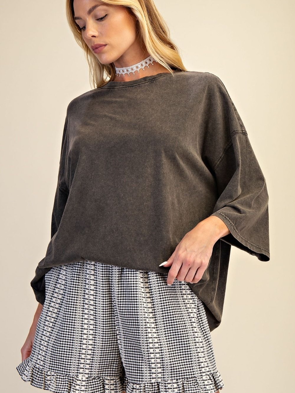 942 NWT EASEL BROWN GREY WASHED COTTON JERSEY LOOSE FIT TOP SML SUMMER BASIC